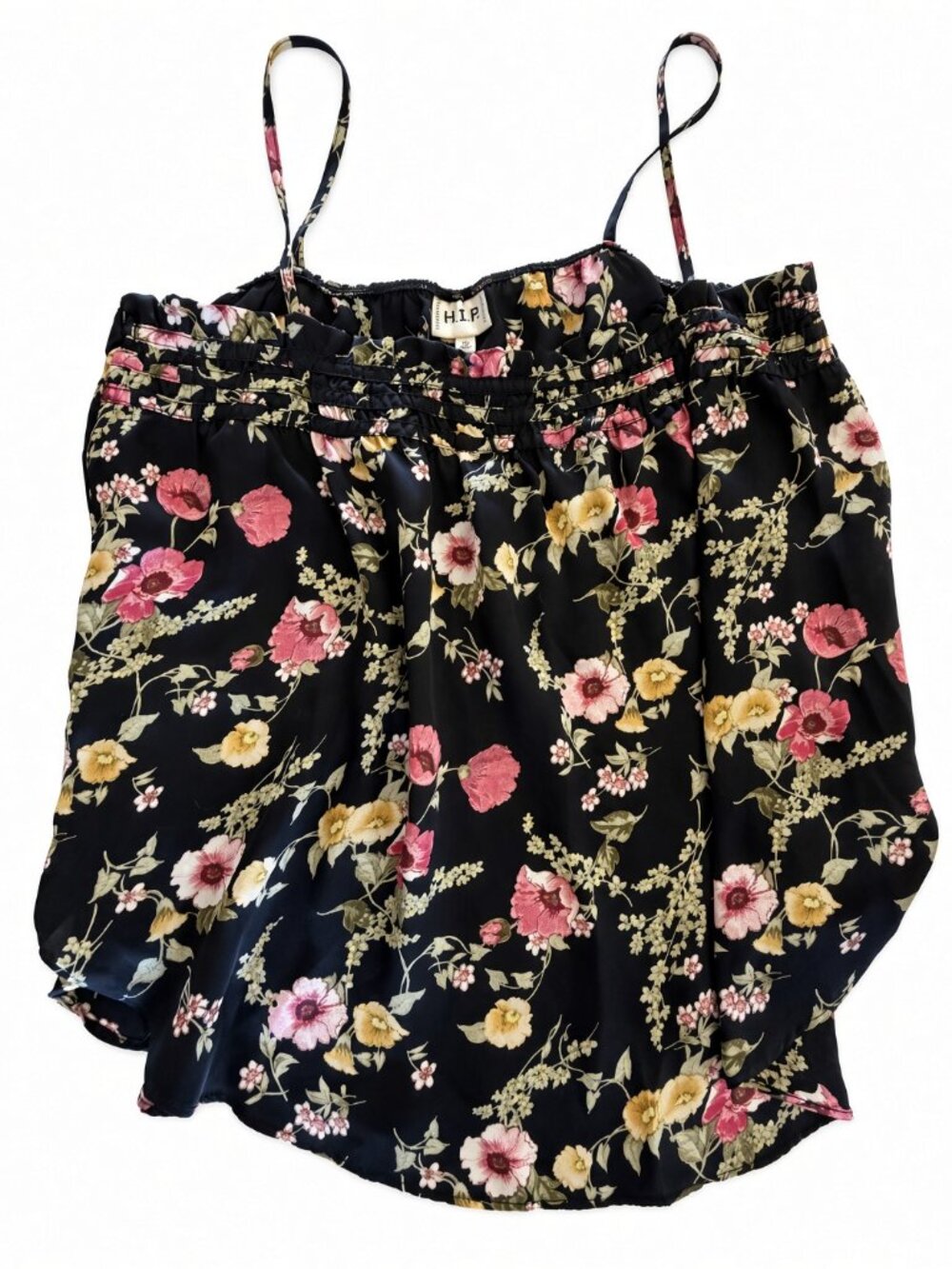 H.I.P. Black Floral Print Camisole Top Size M Smocked Spaghetti Straps